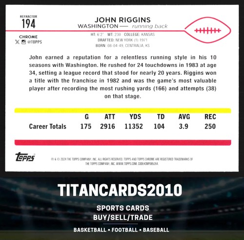 John Riggins 2024 Topps Chrome Silver Refractor Washington Redskins #194 - Bild 2 von 2