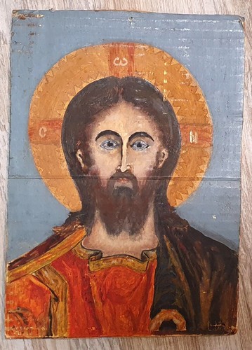 Vintage religious portrait gouache painting Jesus Christ signed - Picture 4 of 12