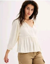 SO Goods For Life Blouse Womens M 3/4 Sleeve Peasant Ivory Flowy Tiered Peplum