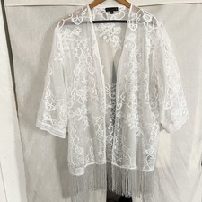 Boho White Embroidered Fringe Hem Kimono Size M/L