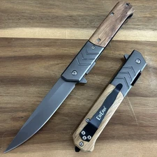 8.75” Wood Military Tactical Spring Assisted Open Blade Folding Pocket Knife
