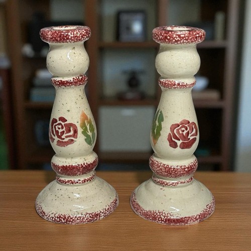 VTG Candle Holders Ceramic Spongeware Taper Rose Speckled Country Farmhouse 7.5" - Picture 1 of 9