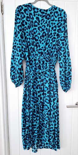 LADIES NEW LOOK GREEN/BLUE ANIMAL PATTERN FLARED DRESS WITH BELT SIZE 24