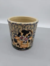 Blue Spongeware Pottery Crock Jar W/ Handpainted Cows From Stoney Brook Farms PA