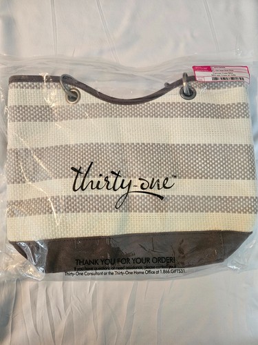 Thirty One 31 Canvas Crew Mini Brown Tote Purse Taupe Straw Stripe NWT