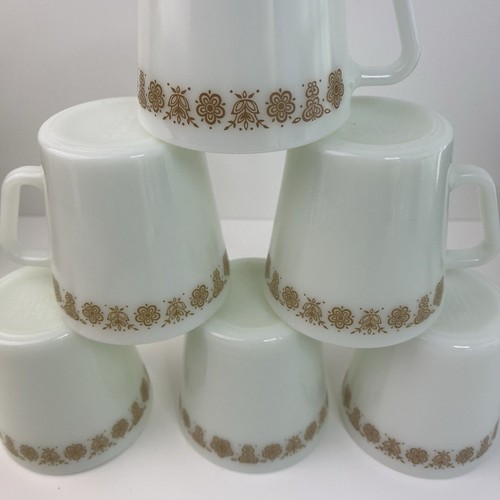 Pyrex Corning Corelle BUTTERFLY GOLD D Handle Coffee Mugs Cups Set of 6 Retro - Picture 2 of 5