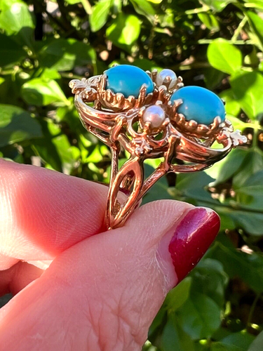 VINTAGE 14K YELLOW GOLD TURQUOISE AND PEARL LARGE RING STATEMENT ONE OF A KIND - Picture 7 of 24