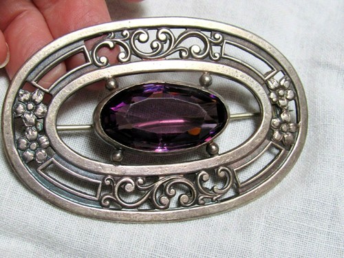 Antique C & R Signed Huge Silver Pin Large Amethyst Faceted Stone