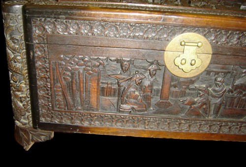 Antique Chinese Qing Superb Heavily Carved Wood Coffer Trunk Chest Round Corners - Picture 4 of 12