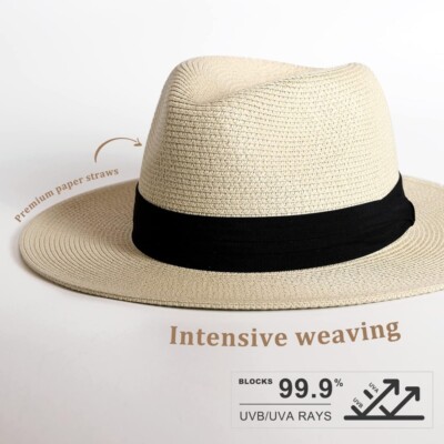 Women Mens Wide Brim Straw Panama Hat Fedora Summer Beach Hat UPF Straw 