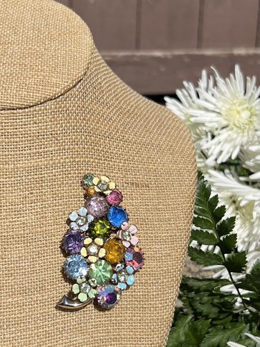 Vintage Signed Weiss Glorious Multicolor Rhinestone Enamel Flower Brooch / Pin - Picture 2 of 6