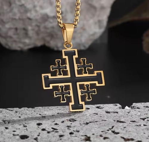 Crusader Jerusalem Templar Cross Gold Pendant Necklace 24" STAINLESS New 20% OFF - Picture 2 of 3