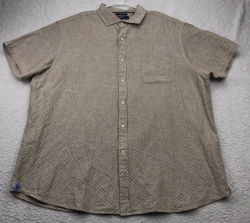 Cremieux Button Shirt Mens XX Slim Tan Geometric LINEN Pocket Short Sleeve Camp - Image 2 of 4