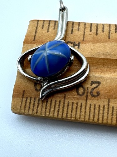 Vintage Simulated Star Sapphire Pendant Blue Oval Cabochon Cut 10k White Gold - Picture 6 of 8