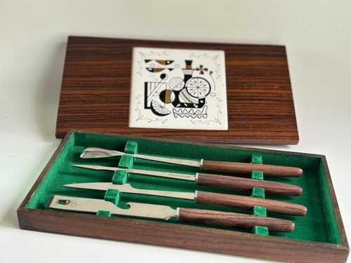 Vintage Mid-Century Bar Set enthält 4 Werkzeuge in Filz-gefütterter Box mit Fliesen Kunst Japan - Bild 3 von 6