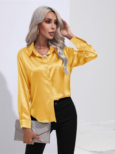 Elegant Women Satin Shirt Solid Color Long Sleeve Blouse Casual Button Down Tops - Picture 17 of 117