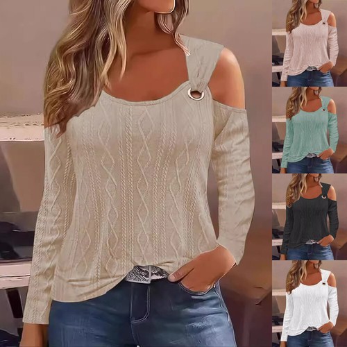 Summer Ladies Cold Shoulder Long Sleeve Tee Shirts Casual Tops Blouse Plus Size - Picture 2 of 14