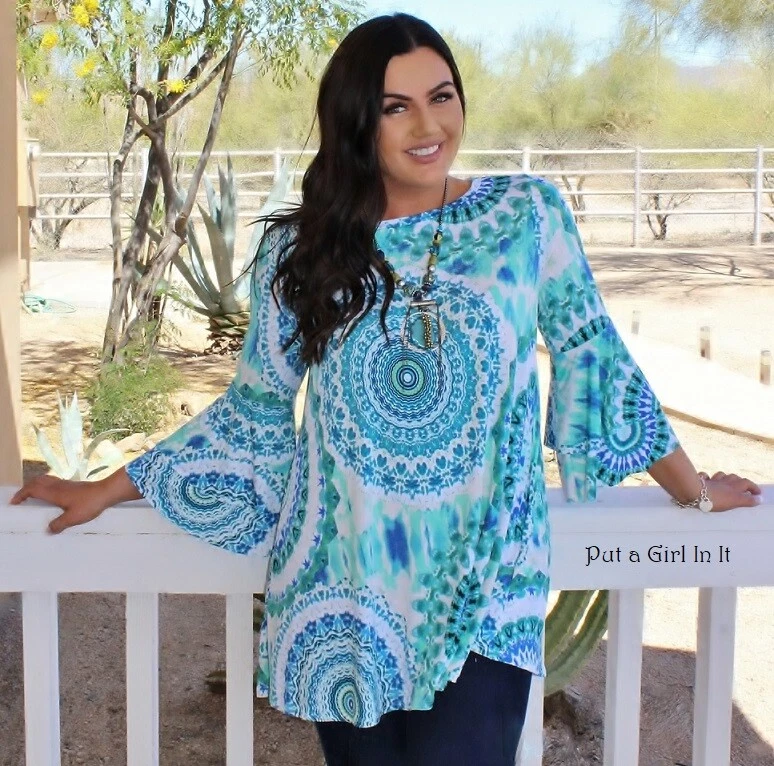 New PLUS SIZE Womens MINT BLUE MEDALLION BOHO TUNIC SHIRT POCKETS