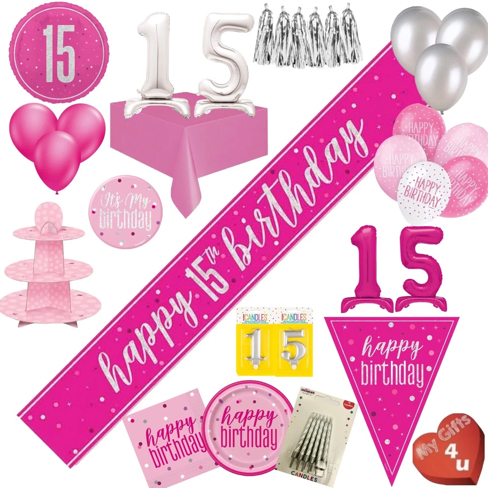 UNIQUE PARTY Pink 15th Birthday Decorations Party Bunting Silver Balloons Banners Candles