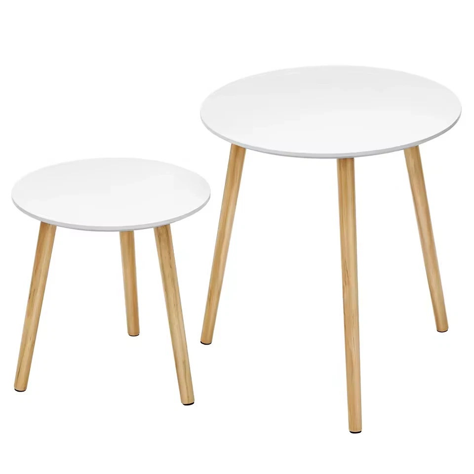 Nesting Side Table, Round End Table, Set of 2, Coffee Table with Solid Pine Wood - Image 2 of 4