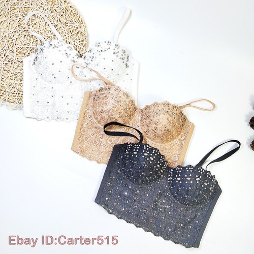 Women Glitter Rhinestone Tank Bustier Bra Bralette Corset Crop Top Party Club - Picture 16 of 30