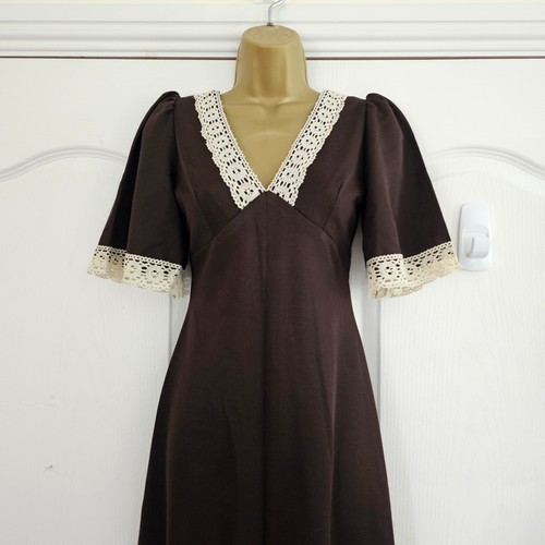 Vintage Vtg 70s Brown Maxi Dress UK 8-10 Prairie Psychedelic Cottagecore Boho - Picture 5 of 9