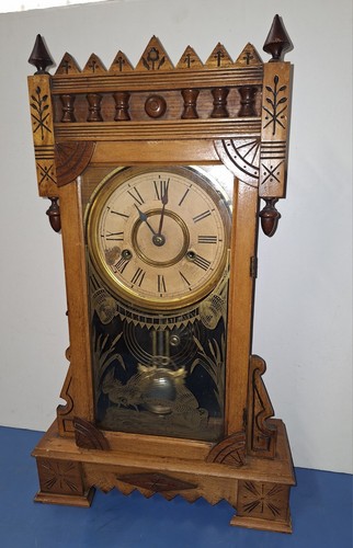 RARE ANTIQUE GILBERT "ABYLA" CHIME SHELF CLOCK ART NOUVEAU WALNUT WORKING 1890 - Picture 3 of 11