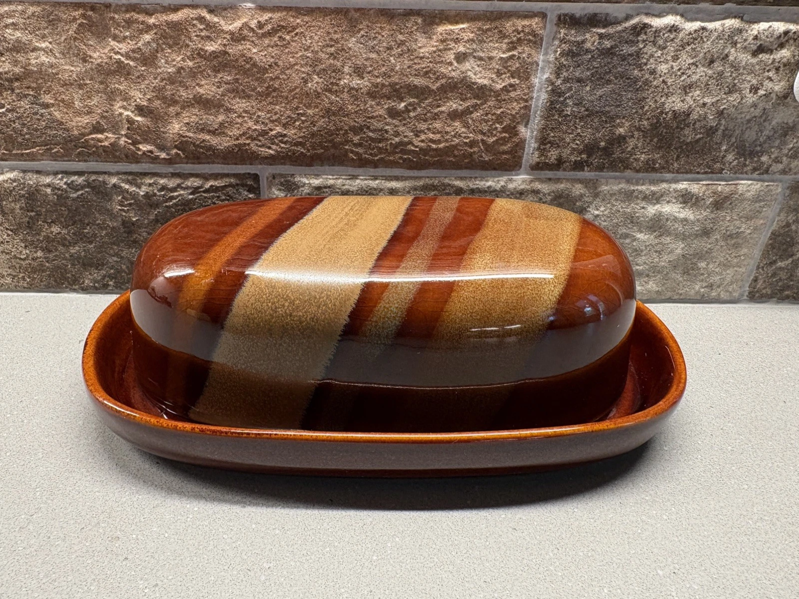Sango Avanti Brown Butter Dish w Lid Drip Glaze Stoneware Retro 70s Farmhouse
