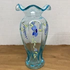 Vintage Fenton Glass 8" Aqua Vase 1970's, Hand Painted Flowers