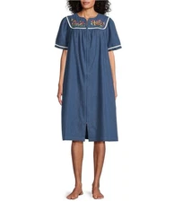 Go Softly M Embroidered Bird & Floral Denim Short Sleeve Zip-Front Patio Dress