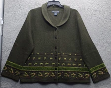 VTG Herman Geist Cardigan Sweater Womens XL Green Knit Merino Wool Button Front