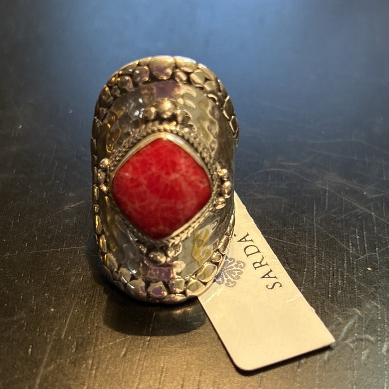 Sarda Sterling Silver 925  Ring w/ Red Indonesia Coral ;Sz7; 3409RDIC-R7