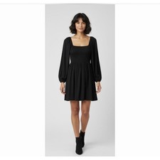 Old Navy M TALL Black Smocked BABYDOLL Square Neck Milkmaid LS Mini Women Dress