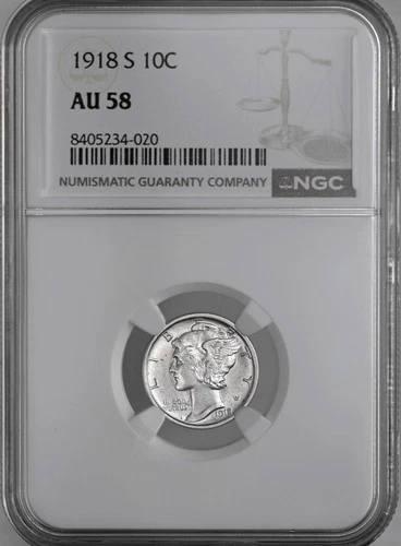 1918-S  10C  MERCURY SILVER DIME  "SAN FRANCISCO"  NGC AU58  #8405234-020