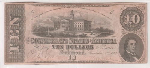 T-52 1862 $10 Confederate PF-1 PCGS VF30 Nicely Centered ! Civil War Paper Money - Picture 2 of 5