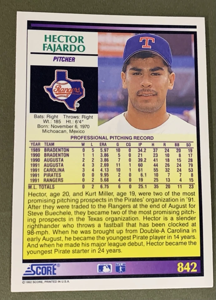 1992 Score #842 Hector Fajardo, Rangers rookie prospect - Image 2 of 2