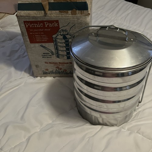 Vintage Buckeye 1960er Aluminium Picknick Pack Stapel Lebensmittel Kanister Camping Ausrüstung