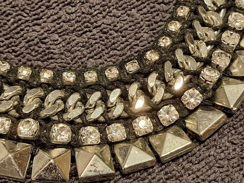Black Cord Silver Tone Pyramid Studded Rhinestone Gothic Punk Necklace - Picture 4 of 14