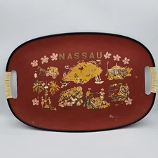 VTG  Hand Painted Large Fiberboard Serving Tray Wrapped Handles NASSAU