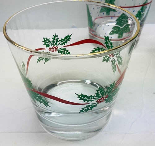 Libbey Christmas 8oz Glasses Lot of 3 Double Old Fashioned Vintage Gold Rim - Picture 4 of 5