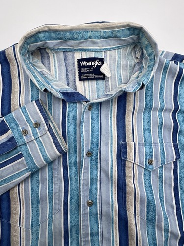 VTG Wrangler X Long Tails Button Shirt Mens 17.5-36 Blue Striped Cowboy Rodeo