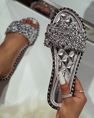 Womens Rhinestone Open Toe Flat Heels Sandals Casual Slippers Shoes Pumps Ring N