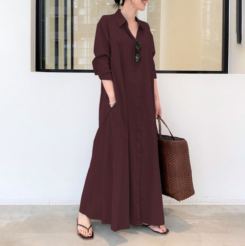 Women's Casual Button Down Long Dress Cotton Linen Collared Solid Shirt Dress - Picture 52 of 57