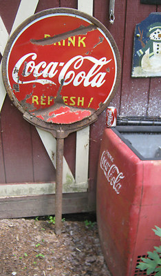 ANTIQUE LG COCA COLA SODA DBL SIDED LOLLIPOP PORCELAIN ART DECO