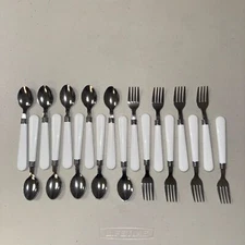 Stainless Steel Flatware 18 Piece Set White Handle Forks Spoons Kitchen Home
