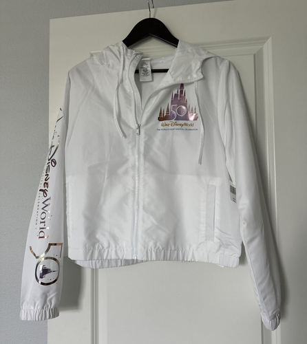Disney Parks WDW 50th Anniversary Windbreaker Jacket Hooded White Women’s Large