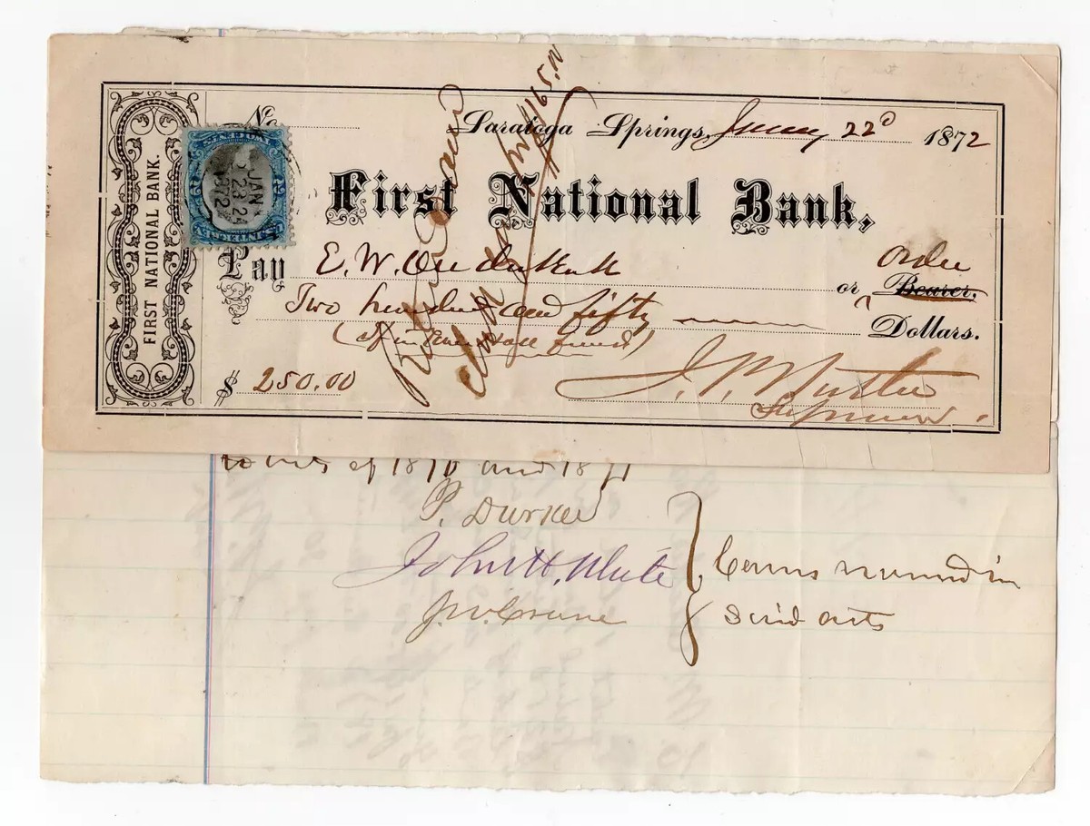 $250 1872 First National Bank, Saratoga Springs New York