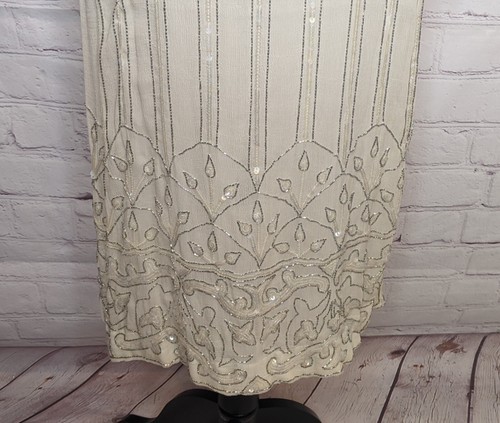 Atemberaubendes Vintage Sister Max Elfenbein Reine Seide Perlen Langes Kleid Größe L - Bild 3 von 11