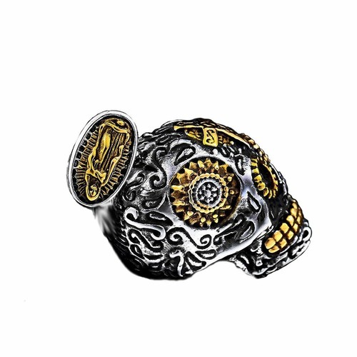 MOYON Mens Gothic 10k Biker Punk Gold Skull Pendant Necklace Stainless Steel - Picture 3 of 5