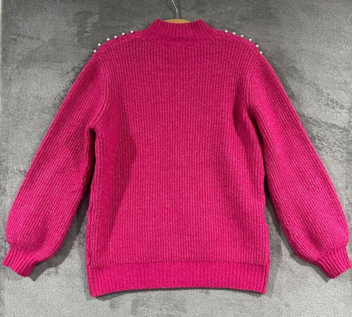 Flying Tomato Pink Cable Knit Chunky Pearl Embellished Sweater Mock Neck Sz S - Picture 9 of 10
